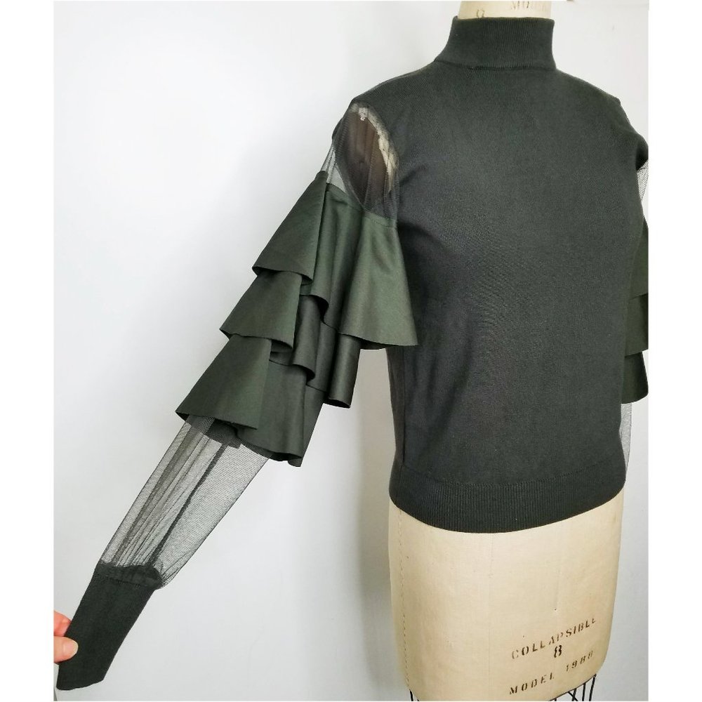 INTHEBEGINNING Womens Olive Green Layered Ruffle  Mesh Sleeve Sweater S